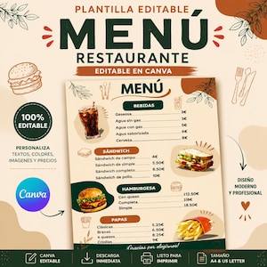 Puede incluir: Una plantilla de menú de restaurante editable con secciones para bebidas, sándwiches, hamburguesas y papas. El diseño incluye ilustraciones de una hamburguesa, un sándwich, un refresco y papas, con texto en español, marca Canva y especificaciones.