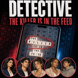 May include: A book cover titled You Are The Detective Book 1, featuring a smartphone screen displaying a word puzzle with the phrase The Killer Is In The Feed circled in red. Below are five portraits of individuals and the text Eliminate 12,677 Letter-Boxes to Solve the MURDER by Sharp Pen Publishing.