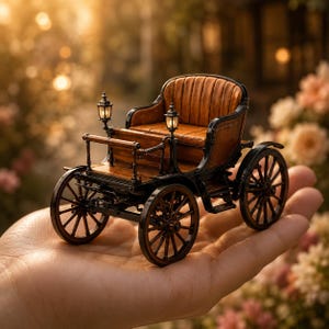 May include: A miniature horse-drawn carriage model featuring a dark brown wooden frame, a tan leather-textured seat, and four black spoked wheels. Two small, illuminated lanterns are mounted on the front of the carriage body.