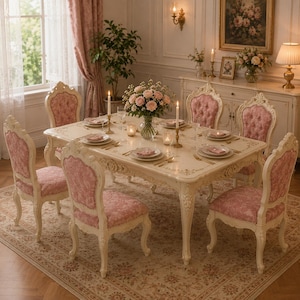 May include: A rectangular dining table with an off-white finish and ornate carved details, surrounded by six chairs featuring cream-colored wooden frames and pink patterned fabric upholstery. The table is set with white plates, gold cutlery, and candles.