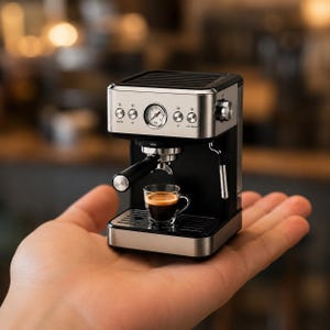 Könnte beinhalten: Eine Miniatur-Espressomaschine in Schwarz und Silber mit metallischem Finish, ausgestattet mit einem Manometer, Bedientasten, einem Siebträger, einer Dampfdüse und einer kleinen Glastasse mit dunklem Espresso auf der Abtropfschale.