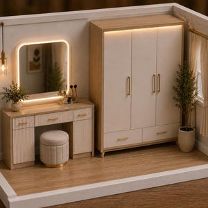 Modern Dollhouse Bedroom Furniture STL Bundle | Minimalist Wardrobe, Vanity Set (1:12 Scale)