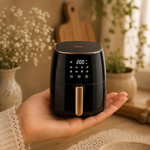 May include: A compact black air fryer with a gold-toned handle and trim. The front features a digital touch control panel displaying 200 degrees Celsius, along with various food icons, plus and minus buttons, and a central menu button.
