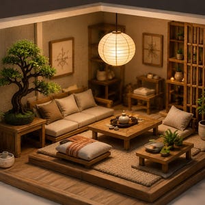 May include: A miniature room diorama featuring a wooden sofa with beige cushions, a low coffee table with a tea set, a bonsai tree on a side table, a hanging paper lantern, floor cushions, and wooden shelving units in a neutral color palette.