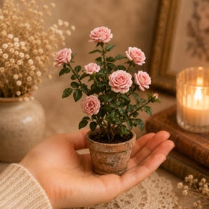 May include: A miniature potted rose plant featuring multiple soft pink blossoms and dark green leaves. The plant is housed in a small, weathered terracotta-colored clay pot with a textured, rustic finish, held in an open palm.