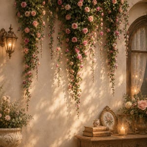 Peut inclure: Un mur orné de vignes de roses roses en cascade, une lanterne murale vintage et une console en bois. La table supporte deux cadres à motifs floraux, un petit pot décoratif et une bougie allumée, le tout sur un mur beige texturé.