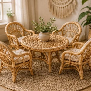 May include: A miniature furniture set consisting of a round woven rattan table and four matching chairs with curved backs and light beige tufted cushions. A small ceramic vase with green leafy stems sits in the center of the table.