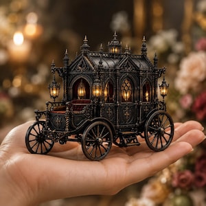 Puede incluir: Una carroza en miniatura de color negro con intrincados detalles metálicos de estilo gótico, cuatro ruedas de radios y pequeñas linternas colgantes. El interior está forrado de terciopelo rojo oscuro e iluminado por luces cálidas visibles.