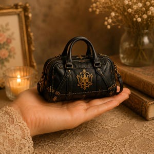 May include: A miniature black handbag featuring a structured rectangular shape with two top handles. The bag is decorated with intricate gold-toned metal filigree accents and a central ornate emblem on the front panel, finished with fine stitching.