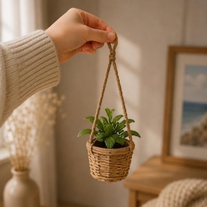 May include: A small, light brown woven wicker hanging basket containing a green artificial plant. The basket features a braided rope handle for suspension, showcasing a natural texture and a simple, round, tapered design with visible weave patterns.