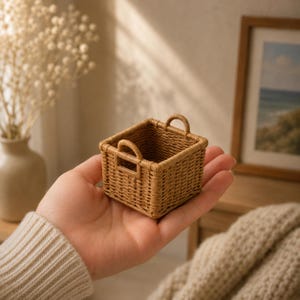 May include: A small, square-shaped woven basket with a light brown finish. The basket features a textured, grid-like pattern throughout its exterior walls and includes two small, rounded handles attached to opposite sides of the top rim.