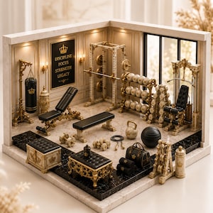 Könnte beinhalten: Ein Miniatur-Fitnessstudio-Diorama mit schwarzen und goldenen Fitnessgeräten, darunter ein Boxsack, Hantelständer, Bänke, Hanteln, eine Kettlebell und eine Sporttasche. Ein Wandschild trägt die Aufschrift DISCIPLINE FOCUS STRENGTH LEGACY mit einer Krone.