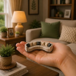 May include: A miniature curved sofa in a light beige fabric, featuring a series of small square throw pillows in alternating beige and dark charcoal colors, resting on thin gold-toned legs, held in the palm of a hand.