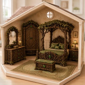 May include: A miniature dolls' house bedroom set featuring a canopy bed, wardrobe, dresser with mirror, and bench. The furniture is crafted with dark brown, tree-like branch textures, green leaf accents, and embedded green gemstones throughout the pieces.