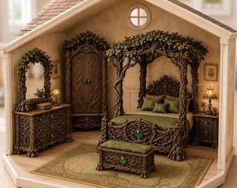 May include: A miniature dollhouse bedroom set featuring a canopy bed, wardrobe, dresser with mirror, and bench. The furniture is crafted with dark brown, tree-like branch textures, green leaf accents, and embedded green gemstones throughout the pieces.