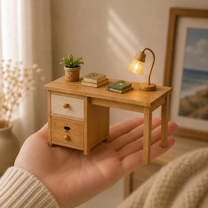 May include: A miniature wooden desk featuring two drawers, one white and one natural wood with a heart-shaped cutout. The desk surface holds a small potted green plant, two stacked miniature books, and a small, lit, curved desk lamp.