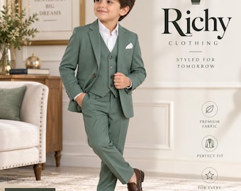 Boys Sage Green 3 Piece Suit Set, Kids Formal Suit, Ring Bearer Outfit, Wedding Suit, Page Boy Tuxedo, Boys Party & Special Occasion Wear