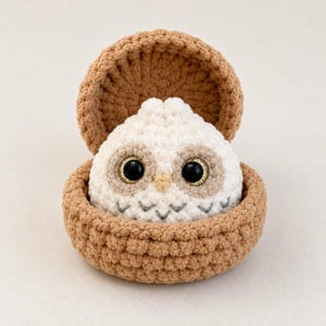 Peut inclure: Un petit hibou crocheté blanc avec de grands yeux noirs et une tache faciale brun clair, niché dans un contenant rond en crochet beige doté d'un couvercle articulé. Le hibou possède un petit bec clair et des détails gris brodés.