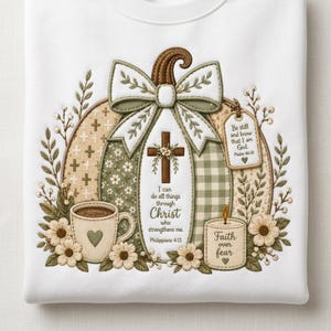 May include: A white sweatshirt featuring a large embroidered pumpkin design in shades of sage green, cream, and brown. The pumpkin is decorated with a bow, a cross, a coffee mug, a candle, and text including Philippians 4:13 and Psalm 46:10.