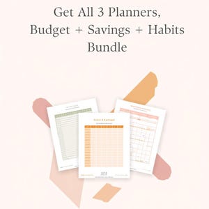 Peut inclure: Un ensemble numérique de trois planificateurs imprimables avec le texte SLOWMONEYSTUDIO, Get All 3 Planners, Budget + Savings + Habits Bundle, et Printable digital download • Instant PDF. Les planificateurs incluent un suivi d'habitudes et un budget.