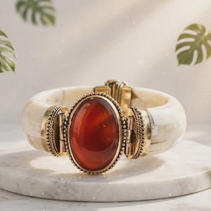 Puede incluir: Una pulsera de brazalete articulado con una gran piedra preciosa de cornalina roja oscura ovalada, engastada en un marco de metal dorado con detalles de cuentas, flanqueada por segmentos lisos de color crema que forman la banda circular.
