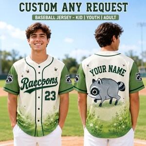 Personalized Raccoons Baseball Jersey, Custom Name & Number Button-Up Jersey, Bee Garden Raccoon Baseball Shirt, Kid Youth Adult Gift