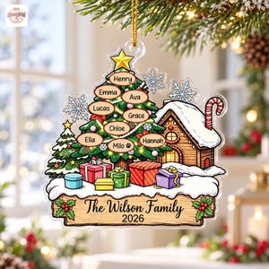 Personalized Family Christmas Tree Ornament 2026, Custom Names Acrylic Decoration, Snowy Cottage Design, Family and Pet Keepsake