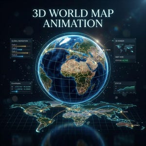 Puede incluir: Una animación digital de mapa mundial en 3D que presenta un globo terráqueo brillante centrado sobre una cuadrícula de mapa plano. La pantalla incluye paneles de datos etiquetados como Global Navigation, 3D Render, Coordinates y Status.