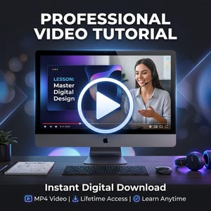Könnte beinhalten: Ein Computermonitor zeigt ein Video-Tutorial mit dem Titel Lesson: Master Digital Design und einer Person mit Headset. Auf dem Bildschirm sind ein Play-Button, eine Tastatur, eine Maus und ein Notizbuch zu sehen. Text: Professional Video Tutorial und Instant Digital Download.