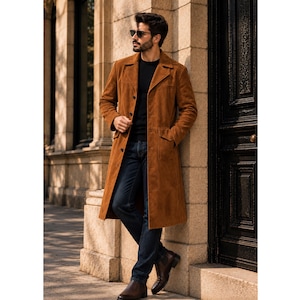 Men’s Brown Suede Trench Coat | Vintage 70s Long Leather Duster | Western Suede Overcoat | Retro Winter Outerwear for Men Handmade