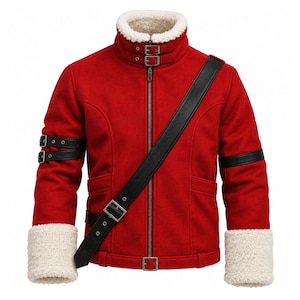Könnte beinhalten: Eine leuchtend rote Jacke mit weißem Kunstfellkragen und Ärmelbündchen, einem zentralen Reißverschluss sowie schwarzen Kunstlederriemen mit silbernen Schnallen an den Ärmeln, am Kragen und als diagonales Band über der Brust.