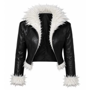 May include: A black cropped jacket featuring a large white faux fur collar that extends down the front opening. The long sleeves are finished with matching white faux fur cuffs. The jacket has a smooth, dark finish and a tailored, open-front design.