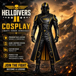 Pode incluir: Um traje de cosplay de Helldivers 2 nas cores preta e amarela, composto por um conjunto de armadura completa com um sobretudo, calças a condizer e um capacete. O fato apresenta emblemas de caveira no peito, ombros e cinto, com detalhes amarelos.