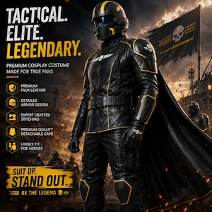 May include: A black and yellow tactical cosplay costume featuring a full-body armour set with a helmet, chest plate, belt, gloves, and a detachable cape. The suit displays skull emblems and yellow trim, with text reading TACTICAL. ELITE. LEGENDARY.