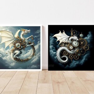 May include: Two square art prints featuring steampunk dragons. One shows a white dragon with clockwork details against a cloudy sky. The other print has a white dragon with clockwork details against a dark background.
