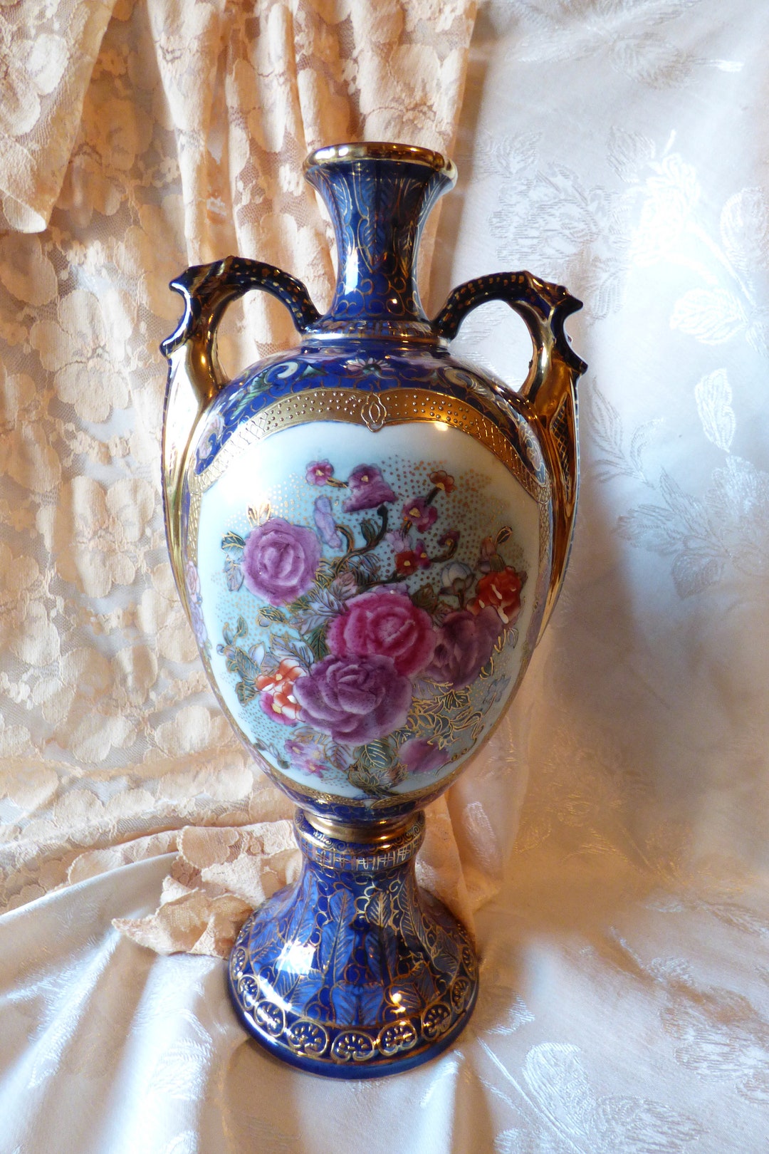 Chinese Amphora Vase Satsuma Moriage Style Hand Painted Cobalt, Gold