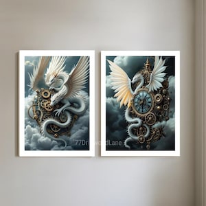 Steampunk Dragon Print Set: Timekeeper Dragons, Framed Giclée Art (8x10)