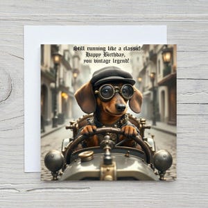 Carte d'anniversaire de chien teckel - voiture steampunk - scène londonienne de style ancien - carte pour lui - finition satinée riche en photo