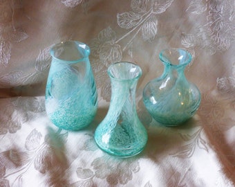 Set 3 - Art Glass Vases - Caithness - Turquoise/Aqua, white swirl  - Gift