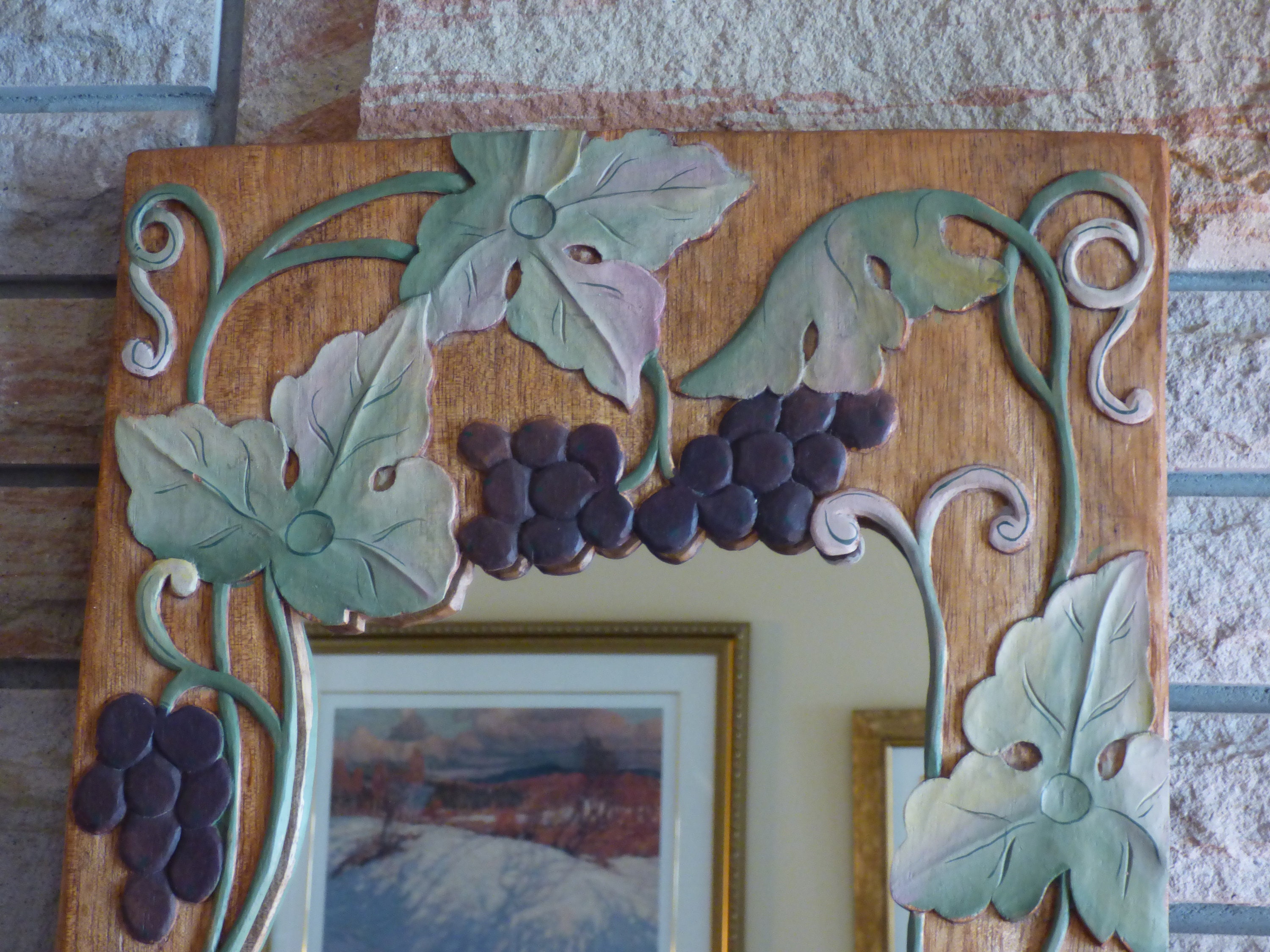 Vintage carved wood grape vine mirror Luaun Mahogany wall -  Portugal
