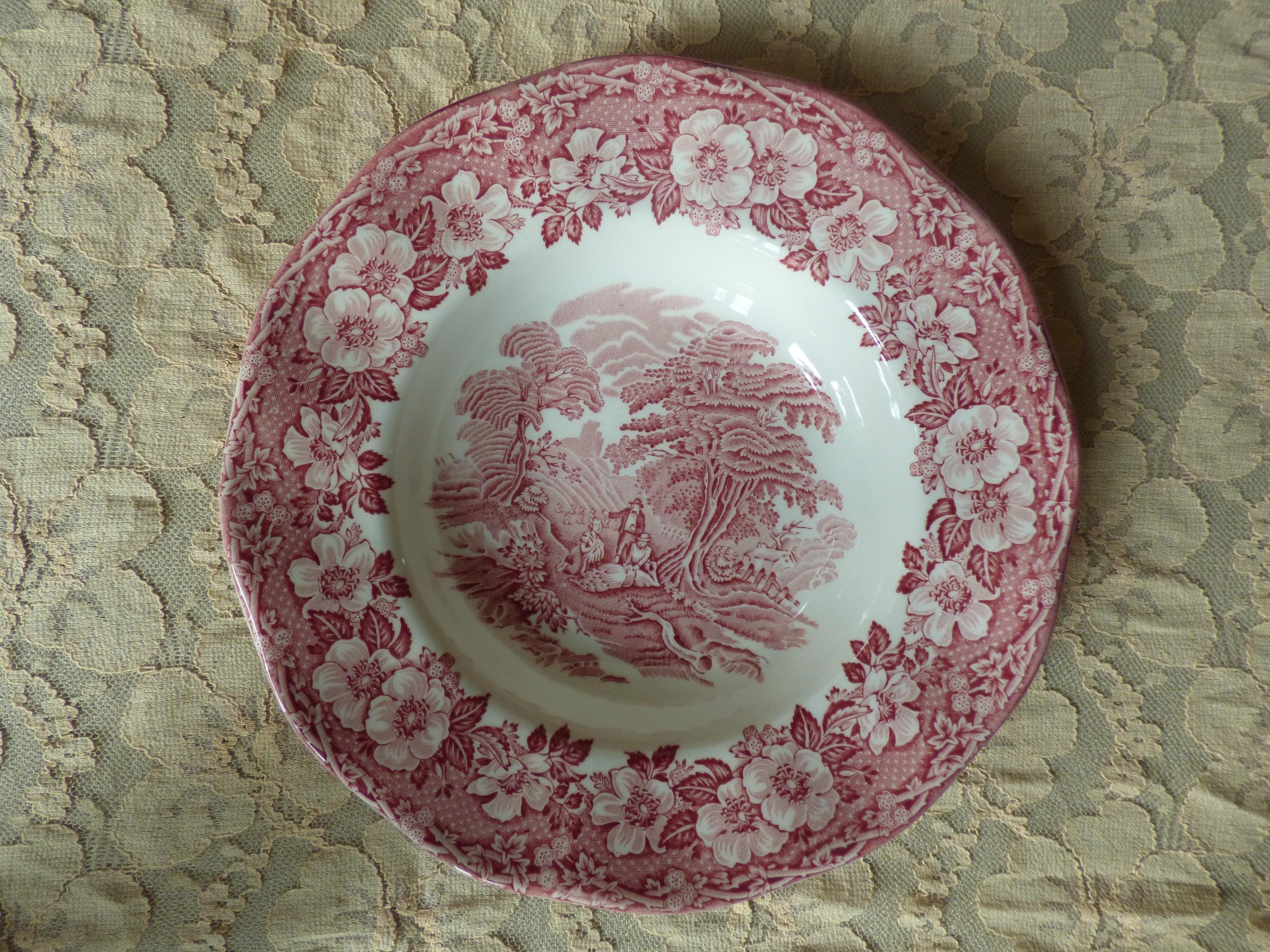 Enoch Wedgwood Tunstall Red Transferware Soup Bowls: Olde English
