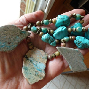 Turquoise nuggets, free form Imperial jasper slices, jasper beads necklace