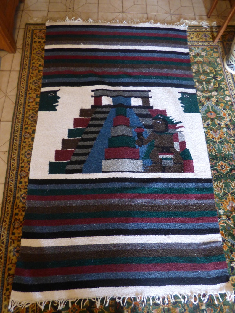 Vintage Mexican Woven Blanket Throw Rug Tapestry Mayan Etsy
