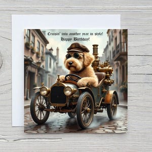 Carte d'anniversaire Golden Doodle - voiture steampunk - scène londonienne de style ancien - carte pour lui - finition satinée riche en photo
