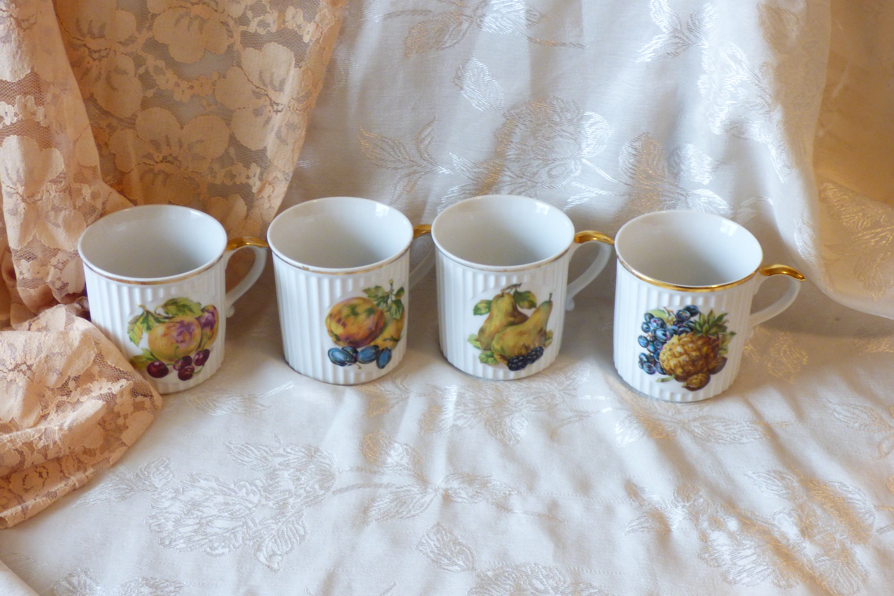 Four Czechoslovakia Crown D Fine Bone China Mugs - Fruit & Berry