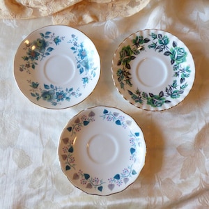 3 MISMATCHED SAUCERS - teal- Country Cottage Wall Décor - tea party cupcake, muffin plates - Royal Albert