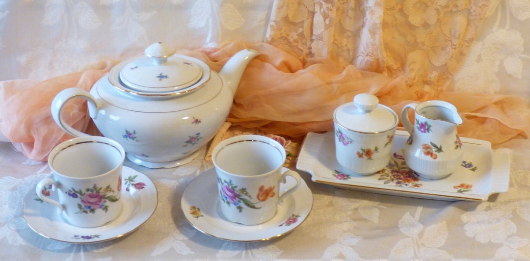 Vintage German China Tea Set Teapot, Cream, Sugar, Tray, 2 Teacups