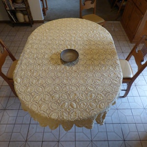 Vintage Pastel Mustard yellow hand crochet table cloth - 80 x 40&quot; - scalloped edge