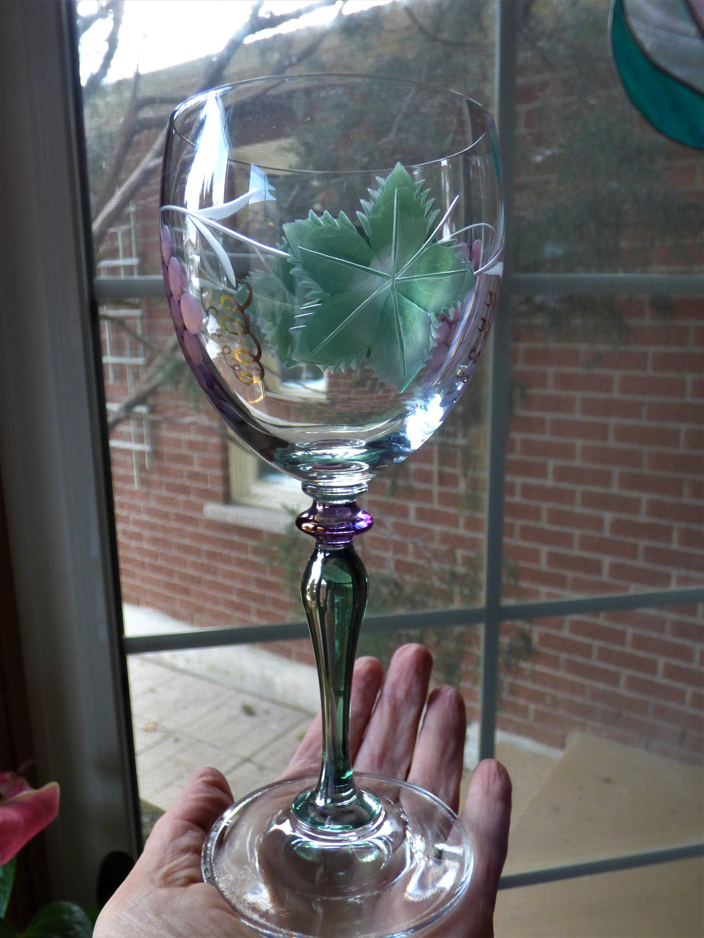 1960's Boho Purple Etch Vine Leaf Wine Glass Hand Blown Romania Set Of 6