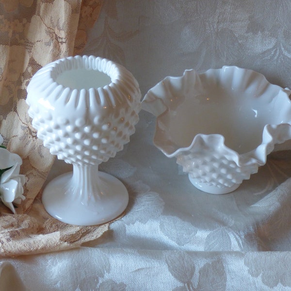 Fenton Hobnail Milk Glass - Ivy Ball Ribbon Vase & Ruffle edge bowl - scroll down for item details/shipping